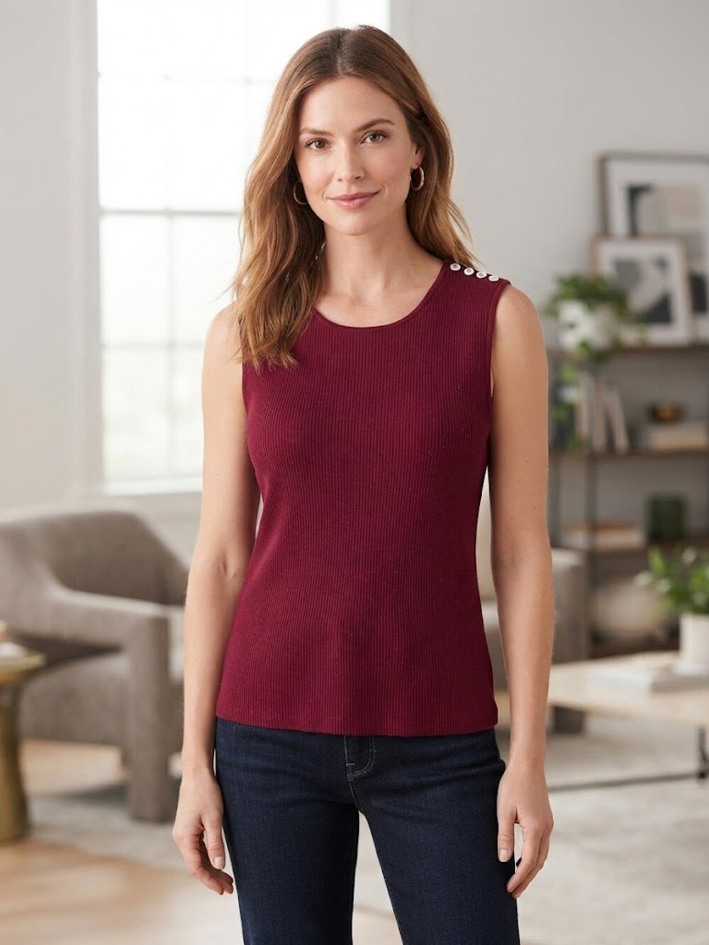 Coldwater Creek Silk-Blend Ribbed Knit Button-Shoulder Tank Top in Burgundy